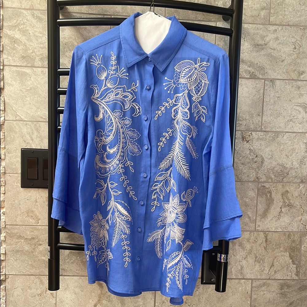 Johnny Was Blue Silver Embellished Button Down Shirt